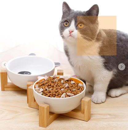 Ceramic Dog and Cat Bowl with Wood Stand Non-Slip Matte Glaze Weighted Food Bowl  for Cats & Small Dogs