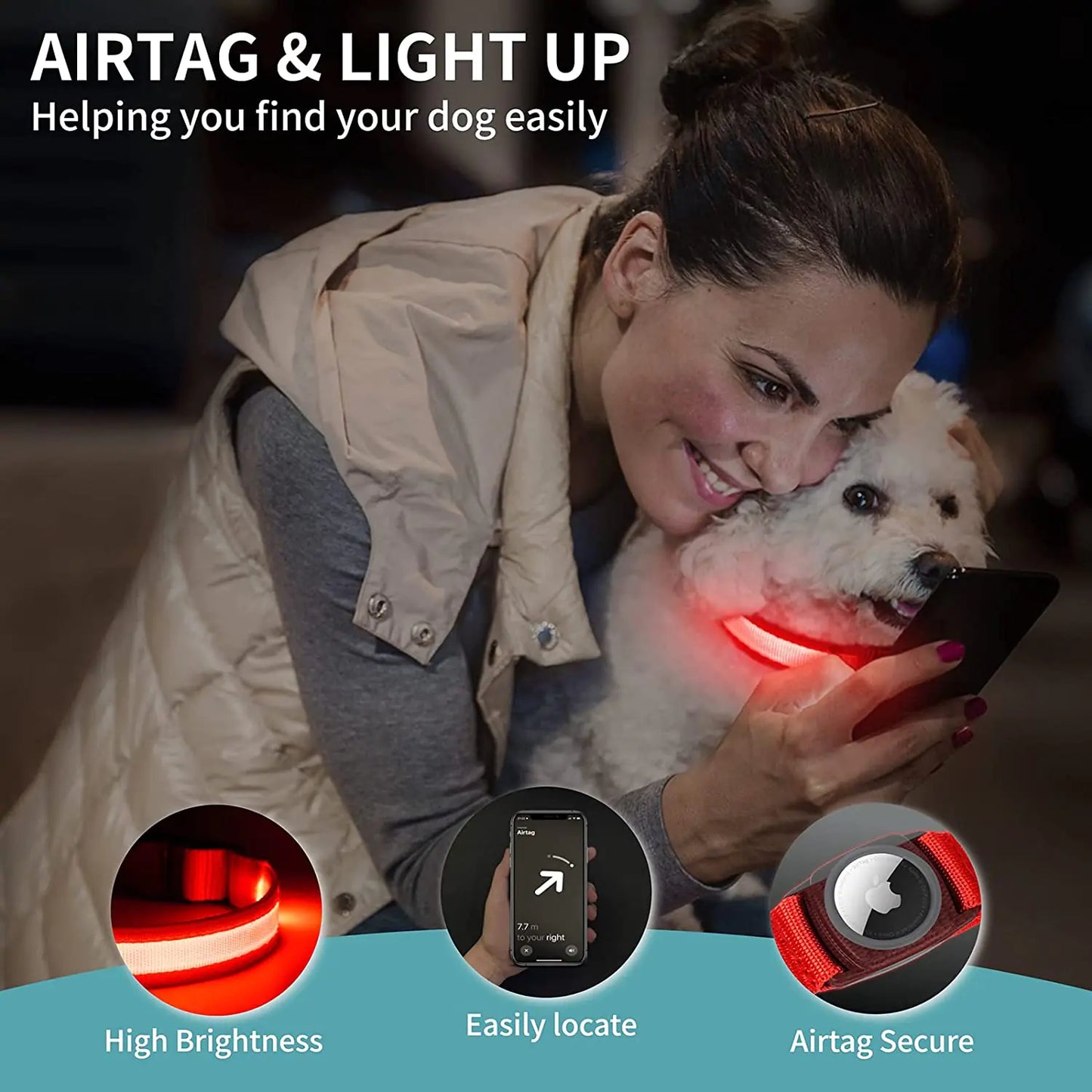 LED Air tag Dog Collar, Dog Collar with Airtag Holder[IPX7 Waterproof], Light Up Dog Collar Compatible with Apple AirTags, Durable Rechargeable Lighted Air tag Pet Collar for Dog