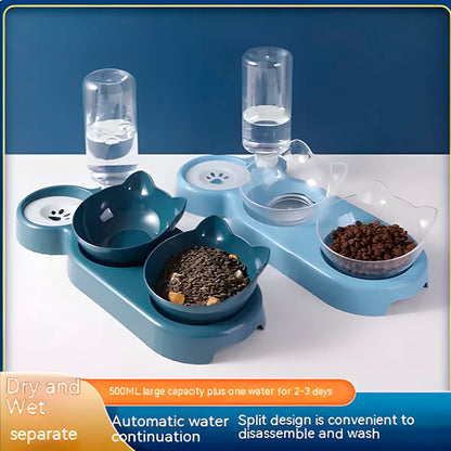 Double Dog Cat Bowls - Pets Water and Food Bowl Set, 15°Tilted Water and Food Bowl Set with Automatic Waterer Bottle for Small or Medium Size Dogs Cats