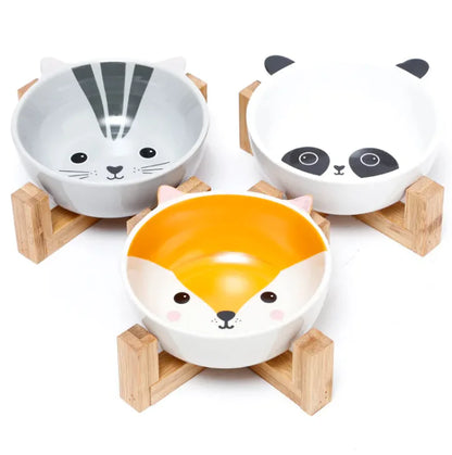 Ceramic Dog and Cat Bowl with Wood Stand Non-Slip Matte Glaze Weighted Food Bowl  for Cats & Small Dogs