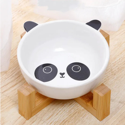 Ceramic Dog and Cat Bowl with Wood Stand Non-Slip Matte Glaze Weighted Food Bowl  for Cats & Small Dogs