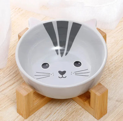 Ceramic Dog and Cat Bowl with Wood Stand Non-Slip Matte Glaze Weighted Food Bowl  for Cats & Small Dogs